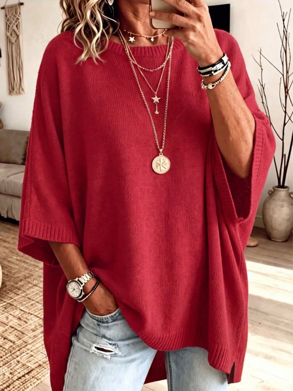 Red Casual Women's Loose Drop Shoulder Round Neck 3/4 Sleeve Batwing Pullovers